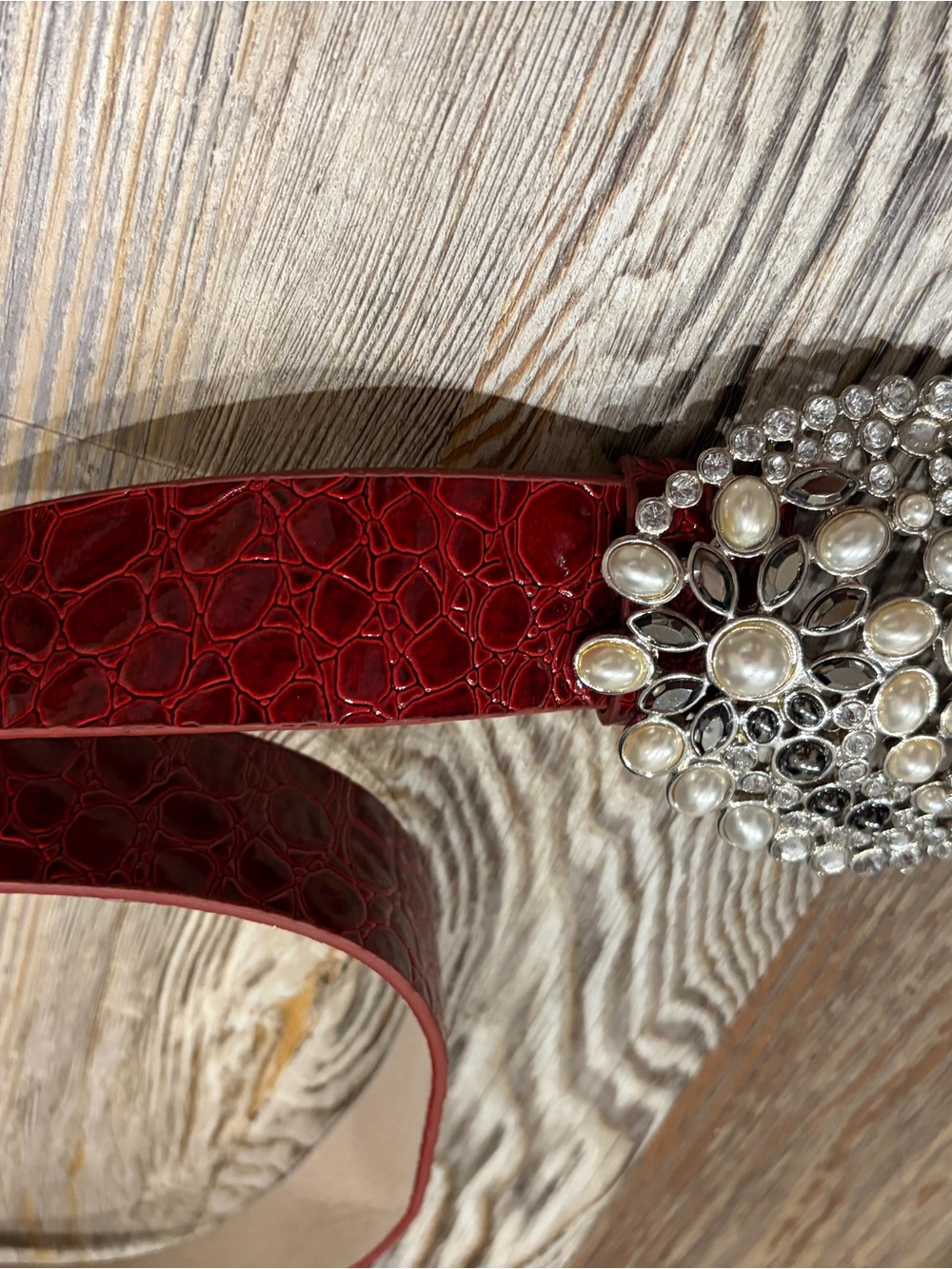 Red Croc-Embossed LEATHER Belt with Pearl & Crystal Buckle